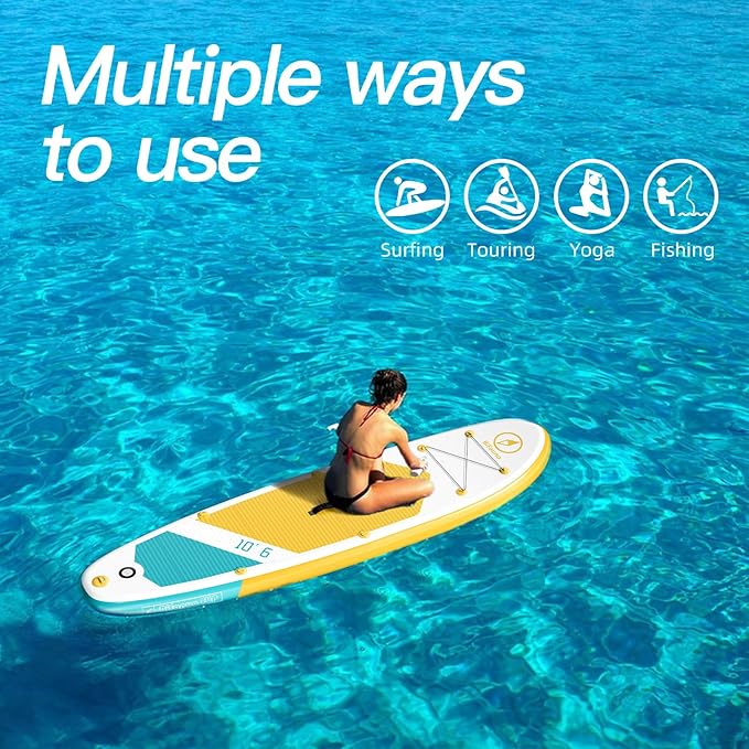 Inflatable Stand Up Paddle Board with SUP Accessories & Backpack. Paddle Boards for Adults. Non-Slip Deck, Wide Stance, Bottom Fin, Double Action Pump.