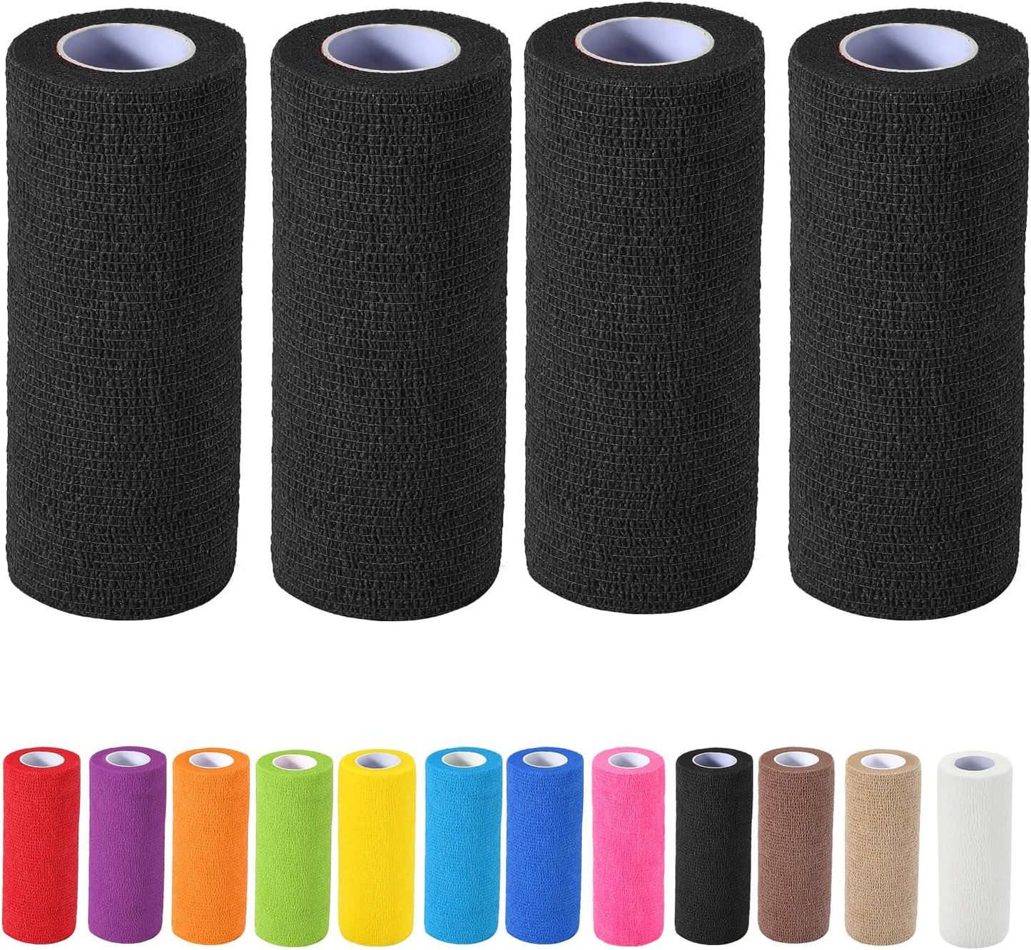 4 Pack Self Adhesive Bandage Wrap, 6 in x 5 Yards Non-Woven Self Adherent Cohesive Bandage, Vet Wrap Wound Tape for Thumb Finger Wrist Knee Ankle, Black