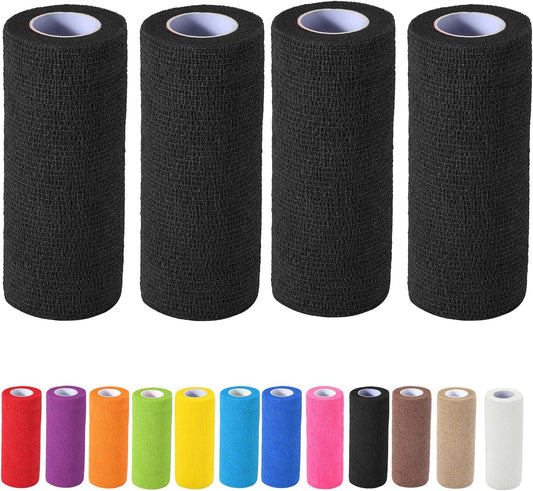 4 Pack Self Adhesive Bandage Wrap, 6 in x 5 Yards Non-Woven Self Adherent Cohesive Bandage, Vet Wrap Wound Tape for Thumb Finger Wrist Knee Ankle, Black