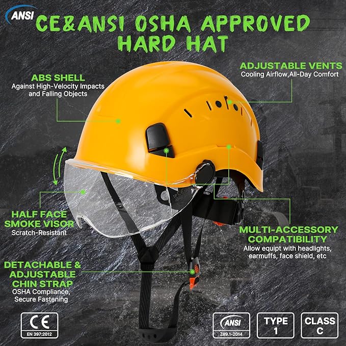 AOLAMEGS Construction Yellow Hard Hats - ANSI Z89.1 Class C Approved Adjustable Vented Hard Hat with Clear Visor for Men Women 6-Point Suspension ABS Safety Helmet for Outdoor Height Work