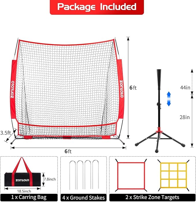 6x6ft Baseball & Softball Net for Hitting,Pitching and Batting, Throwing,Baseball net with Sturdy Bow Frame,Battting Tee,Strike Zone, Middle Size,Suitable for Kids!