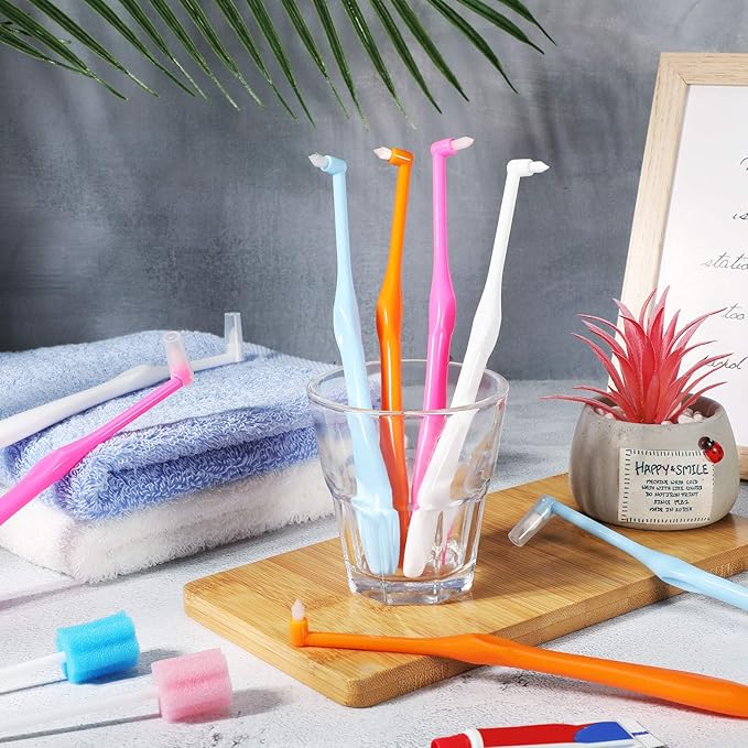 Patelai 12 Pcs End Tuft Toothbrush Soft Interdental Brushes Tooth Stain Remover Trim Toothbrush Single Brush for Implants Teeth Detail Cleaning Supplies(Orange, Rose Red, White and Blue)