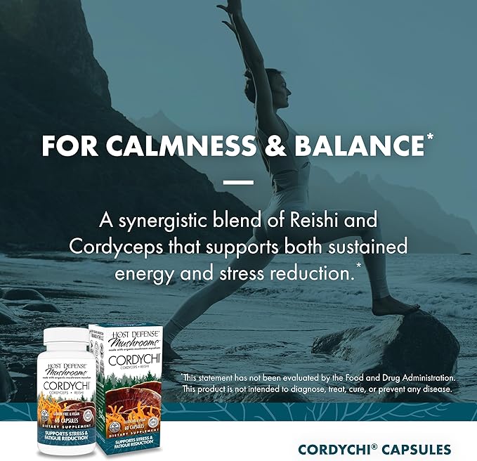 Host Defense CordyChi Capsules - Energy & Immune Support Supplement - Cordyceps & Reishi Mushroom Supplement for Relaxation & Respiratory Support - Aids Against Tiredness - 60 Capsules (30 Servings)*