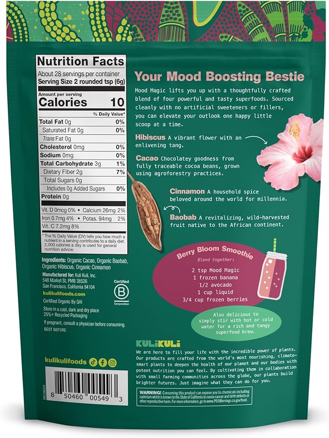 Kuli Kuli Mood Magic 6 oz Organic Uplifting Superfood Powder - Powerful Blend of Maca, Baobab, Hibiscus, and Cinnamon - Superfood powder blend for Mood, Stress Reduction, Cognitive Function