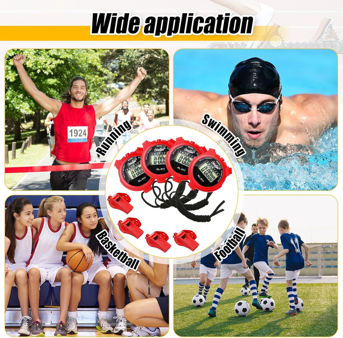 48 Pcs Digital Stopwatch Timer Plastic Whistle Bulk for Sports Coaches Referee Waterproof Watch Timer Whistle with Lanyard Multi Function Electronic Fitness Date Alarm (Red)