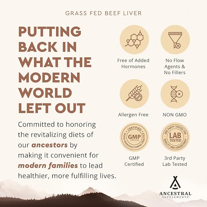 Ancestral Supplements Grass Fed Beef Liver 180 Capsules, Supports Energy Production, Detoxification, Digestion, Immunity and Full Body Wellness, Non-GMO, Freeze Dried Liver Health Supplement