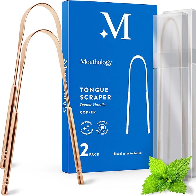 Mouthology Copper Tongue Scraper for Adults (2 Pack), Reduce Bad Breath, Metal Tongue Scraper, Tongue Cleaner, Tongue Scraper, Tongue Scrubber, Tongue Cleaner for Adults, Tongue Scraper Reusable