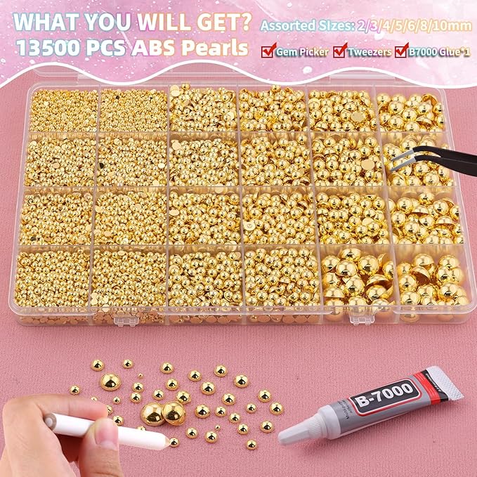 13500Pcs Flatback Pearls for Bedazzling (Gold) with B7000 Jewelry Glue, Assorted Size 2/3/4/5/6/8/10mm Half Pearl, Bedazzling Gems for Crafting Clothing Tumbler Shoes Embellishment Nail Art