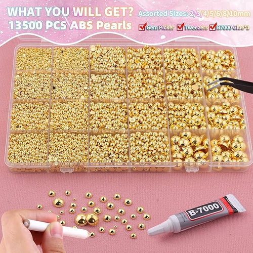 13500Pcs Flatback Pearls for Bedazzling (Gold) with B7000 Jewelry Glue, Assorted Size 2/3/4/5/6/8/10mm Half Pearl, Bedazzling Gems for Crafting Clothing Tumbler Shoes Embellishment Nail Art