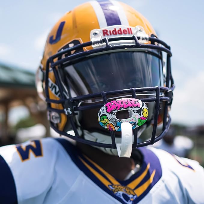 Battle Sports Oxygen Football Mouthguard - Football Mouth Guard with Strap, Superior Airflow & Better Performance, Maximum Breathability, Works with Braces - Graffiti/Colorful