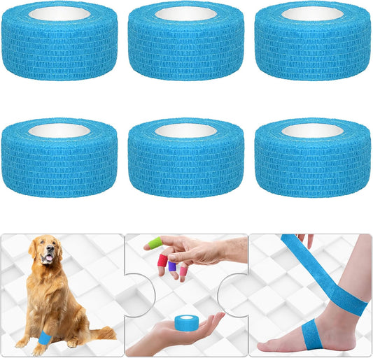 6 Pack 1 Inches Self Adhesive Bandage Wrap Breathable Cohesive Bandage Elastic Tape for Pets, Athletic, Sports, Wrist, Knee, Ankle(5 Yards Per Roll, Light Blue)