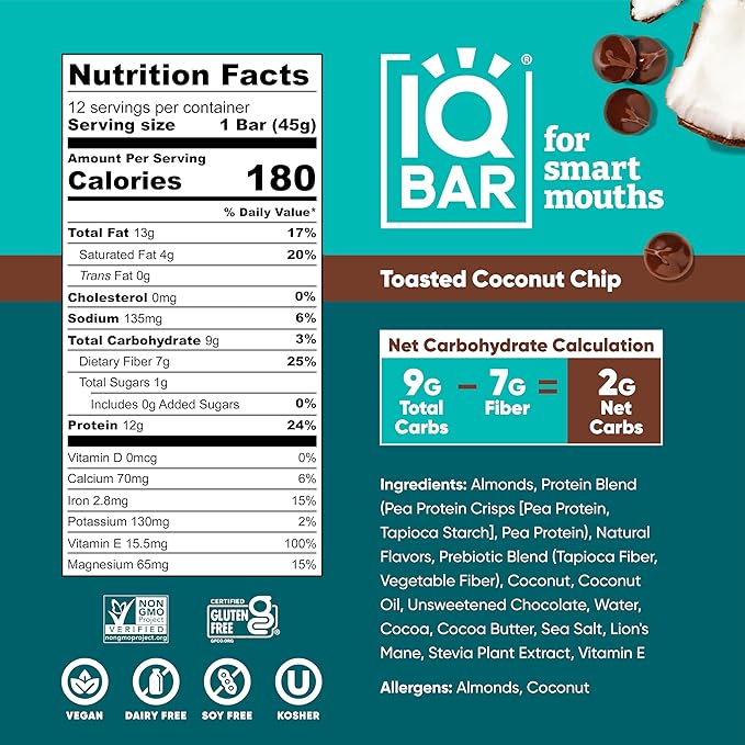 IQBAR Brain and Body Plant Protein Bars - Toasted Coconut Chip - 12-Count Low Carb - Gluten Free, High Fiber, Vegan Snacks - Low Sugar Meal Replacement