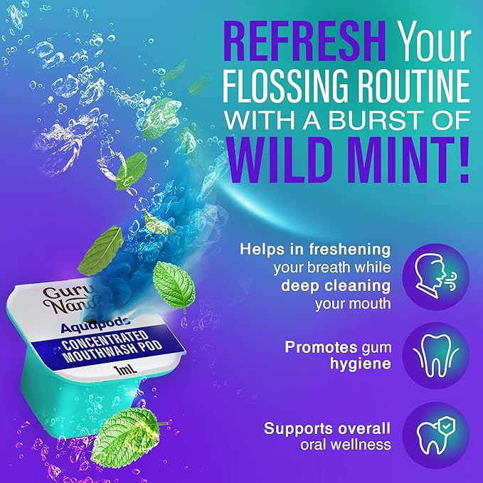 GuruNanda Aqua Pods Pre-Measured Concentrated Mouthwash for GuruNanda Water Flosser 4.0, Fluoride & Alcohol-Free, Wild Mint Flavor, Travel-Friendly, 60 Count