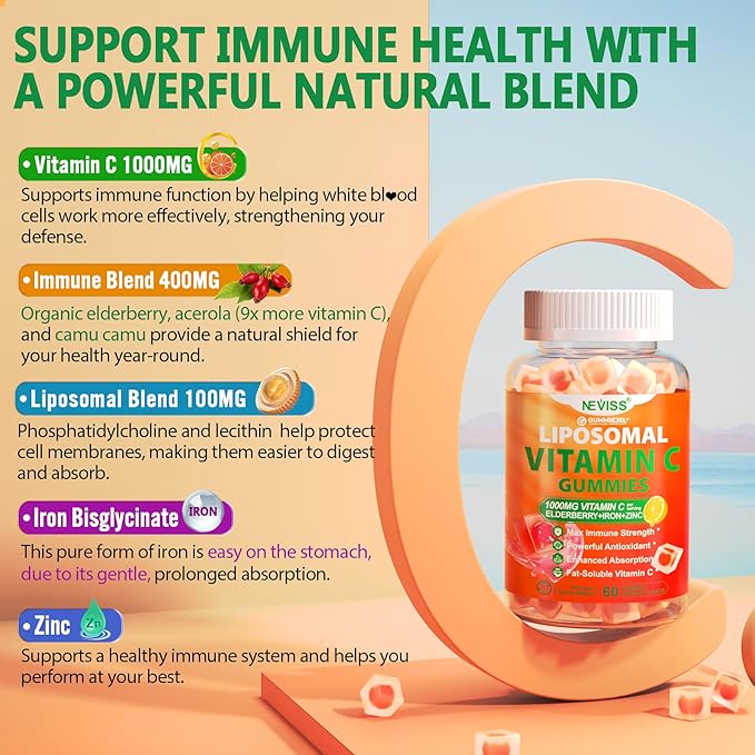 Liposomal Vitamin C 1000mg Gummies for Adults - Vitamin C Chewable 1500mg with 8mg Iron, Zinc & Elderberry - Immune Support, Immune Booster Supplement - for Energy, Collagen Booster, 1Pack Sugar Free