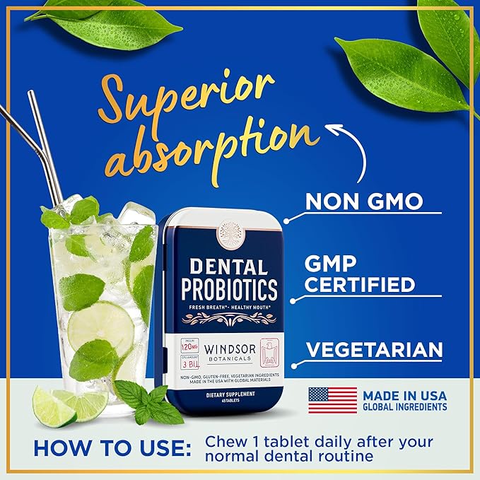 Dental Probiotics for Teeth and Gums - 3BN CFU Lactobacillus Salivarius Acidophilus Casei Tablets - Oral Probiotics for Mouth Bad Breath Treatment for Adults - 45 Chewable Dental Probiotic in a Tin