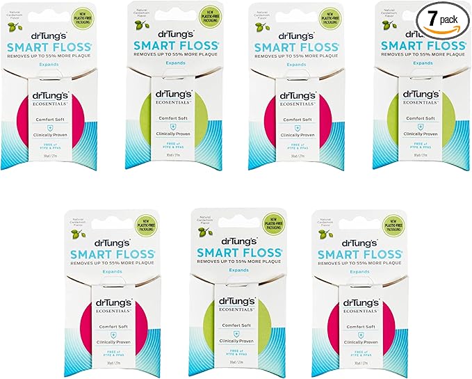 DrTung's Smart Floss - Natural Floss, PTFE & PFAS Free Floss, Gentle on Gums, Expands & Stretches, BPA Free - Natural Dental Floss Cardamom Flavor (Pack of 7)