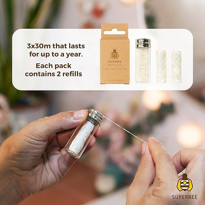 SuperBee Dentos Toothpaste Tablets & Dentos Floss, 14 Tabs, Fluoride Free & Eco Friendly, Travel Mouthwash Tablets, Sensitive Bites Kids Adults, Chewable Tablet, Spearmint