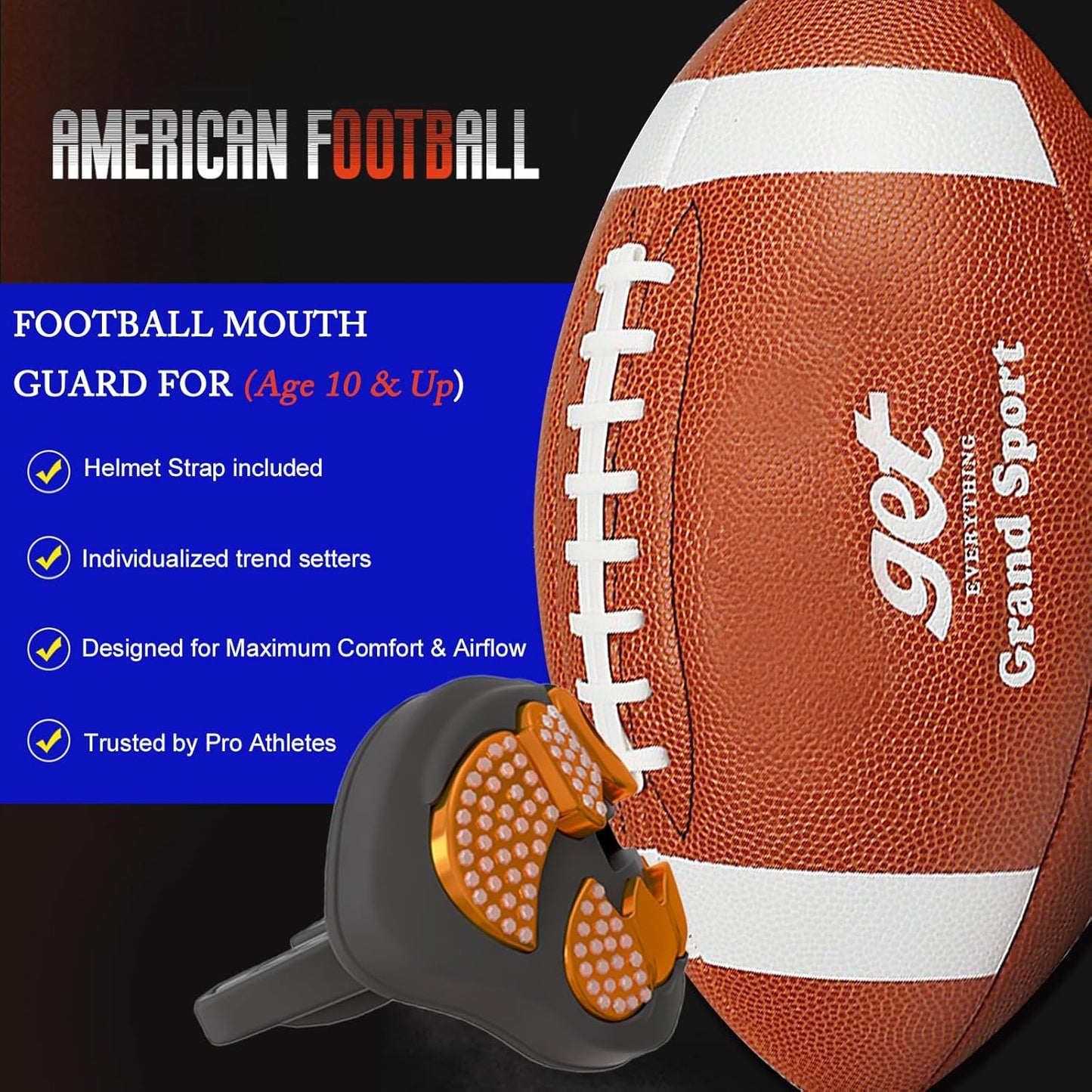 LeCool Football Mouth Guard with Connected Strap- 3D Beast Chrome Adult and Youth Mouth Guard-Mouth Piece for Sports for Maximum Air Flow and Teeth Protection