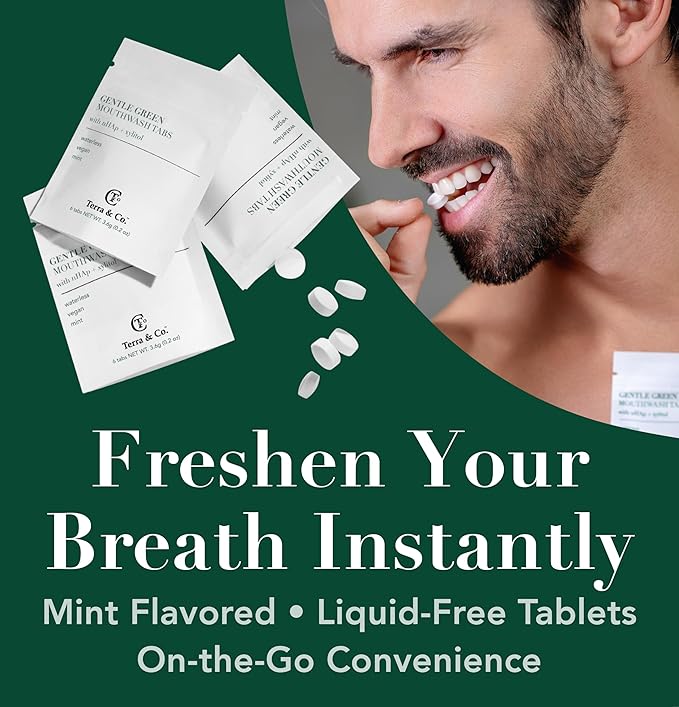 Terra & Co. Gentle Green Toothpaste Tablets – 5 Travel Sachets with 6 Fluoride-Free Tabs Each – Nano-Hydroxyapatite Mouthwash for Oral Health – TSA-Compliant, Plastic-Free, Mint Flavor, Eco-Friendly