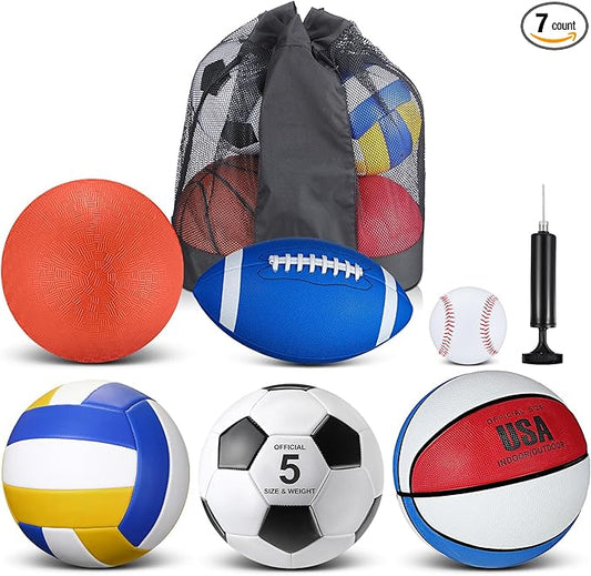 Libima 6 Pcs Multi Sport Ball Set Official Size Football, Basketball, Soccer, Volleyball, Playground Ball, Baseball with Sports Equipment Bag Pump for Teen Adult Christmas School Gift