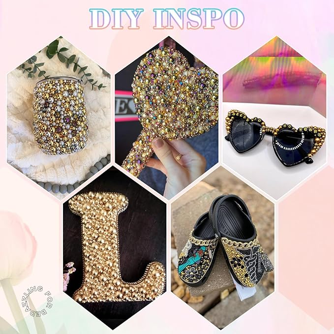 13500Pcs Flatback Pearls for Bedazzling (Gold) with 3Pcs B7000 Jewelry Glue, Assorted Size 2/3/4/5/6/8/10mm Half Pearl, Bedazzling Gems for Crafting Clothing Tumbler Shoes Embellishment Nail Art