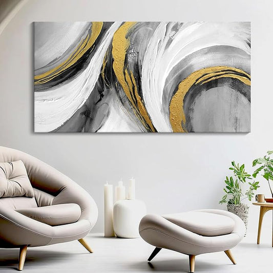 Large Abstract Wall Art - Modern Black White Gold Tones Hand Drawn Textures Ink Graffiti Canvas Painting Artwork for Home Bedroom Living Room Office Hallway Bed Above Decor 29"X58"