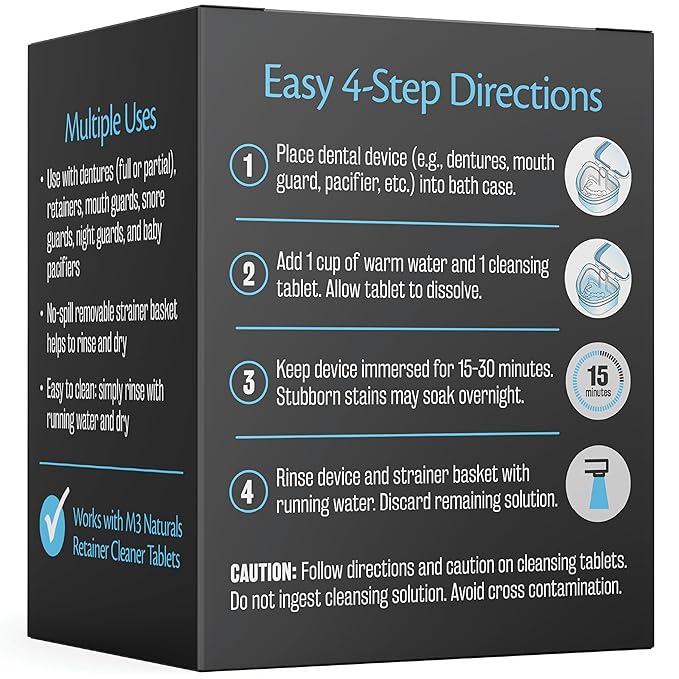 Denture Bath Case and Retainer Case, Denture Bath Cup for Invisalign Retainers Mouthguards Dentures Cleaner Kit with Strainer Spill-Free Portable Retainer Cleaner Case by M3 Naturals