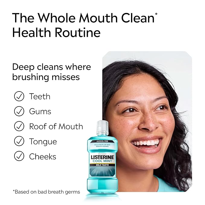 Listerine Alcohol-Free Mouthwash, Non Alcoholic Mint Oral Rinse Kills 99.9% of Germs That Cause Bad Breath for a Fresh Breath & Clean Mouth, Less Intense Taste, Cool Mint Flavor, 1 L