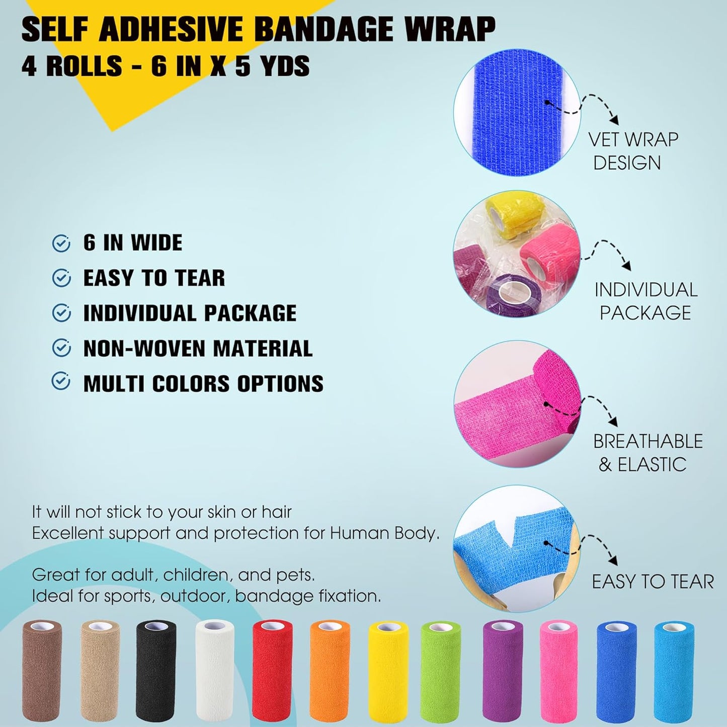 4 Pack Self Adhesive Bandage Wrap, 6 in x 5 Yards Non-Woven Self Adherent Cohesive Bandage, Vet Wrap Wound Tape for Thumb Finger Wrist Knee Ankle, Mix Colors