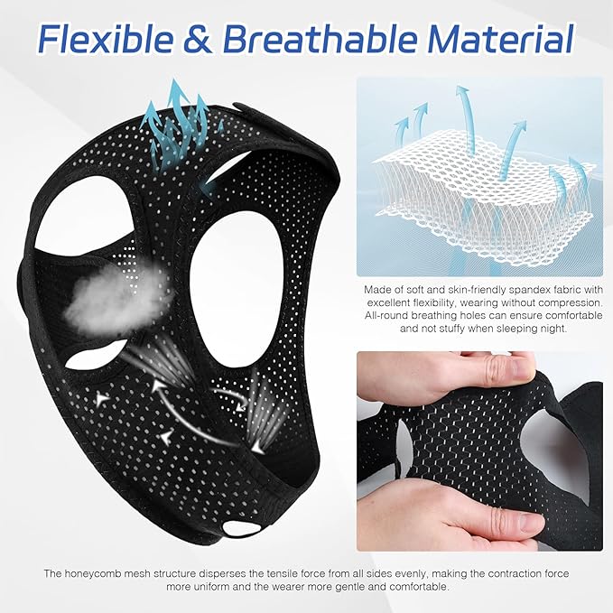 Anti Snoring Chin Strap for Sleeping, Adjustable Flexible Sleep Chin Strap to Keep Mouth Closed, Breathable Airflow Jaw Strap for Sleep Men Couple Stop Snoring Jaw Strap Set with 3D Eye Mask