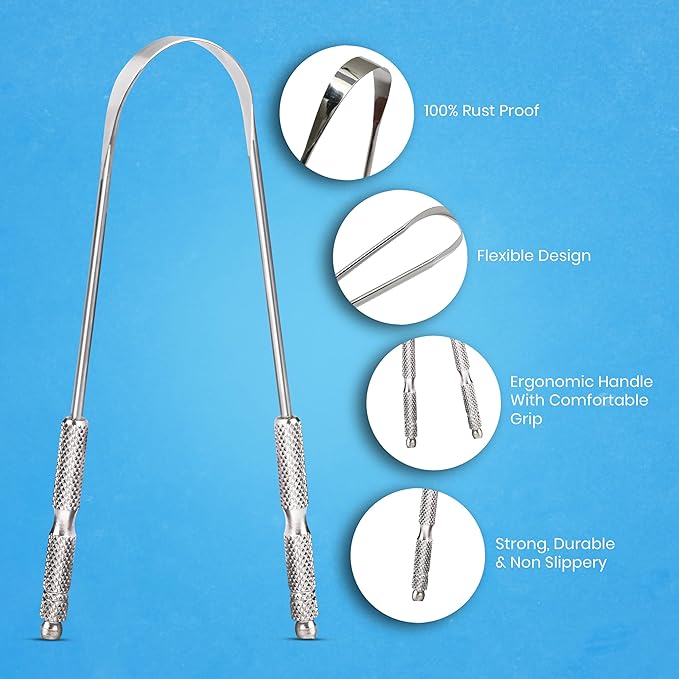 Tongue Scraper for Adults by HOKIN (1Pc Oral Care Pack) Stainless Steel Tongue Cleaners Reduce Bad Breath 100% Metal Tough Scrapers Men and Women Hygiene