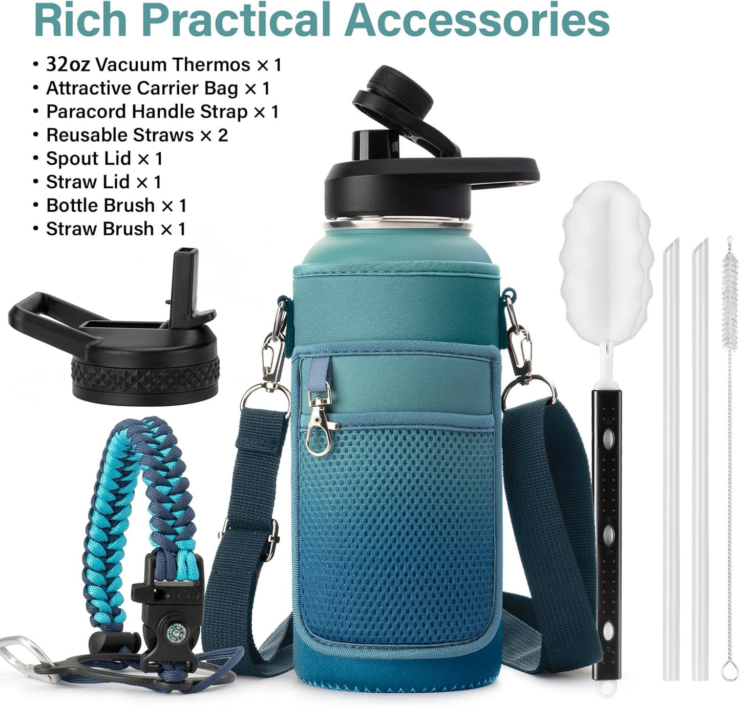 Insulated Water Bottle | Thickened Stainless Steel Vacuum Metal | Portable Sports Water Jug for Gym and Hiking with Straw, Carrier Bag, Handle Strap | BPA-Free 32 oz