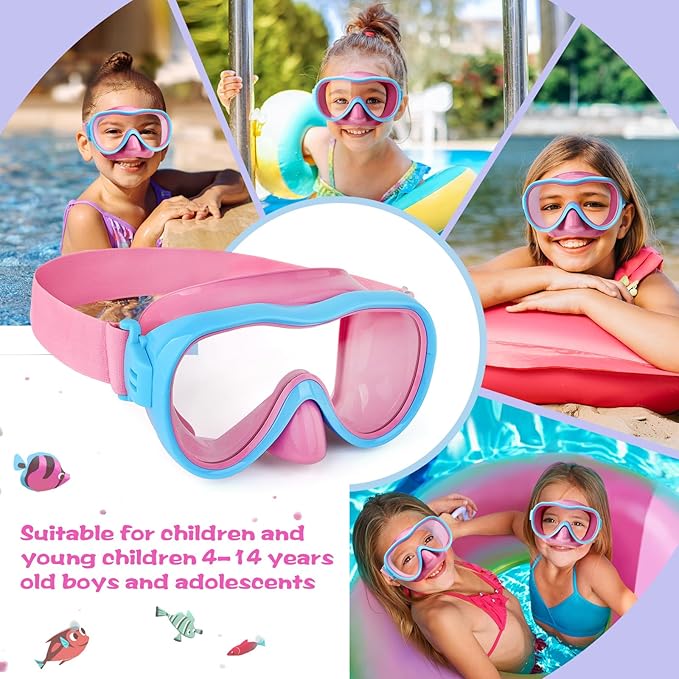 Kids Swim Goggles 180° Snorkel Diving Mask with Nose Cover, Anti-Fog Kids Swimming Goggles with Elastic Fabric Strap for Kids Boys Girls