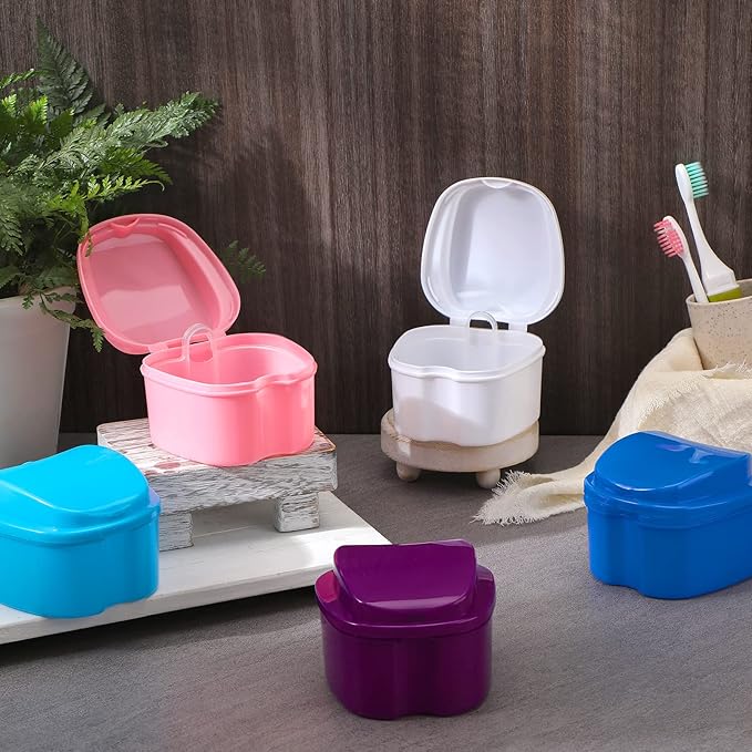 Zubebe 20 Pcs Denture Bath Retainer Case Holder Bulk with Strainer Basket Dental Cup Denture Soaking Container False Teeth Storage Box for Travel Cleaning Brace Mouth Guard, 5 Colors