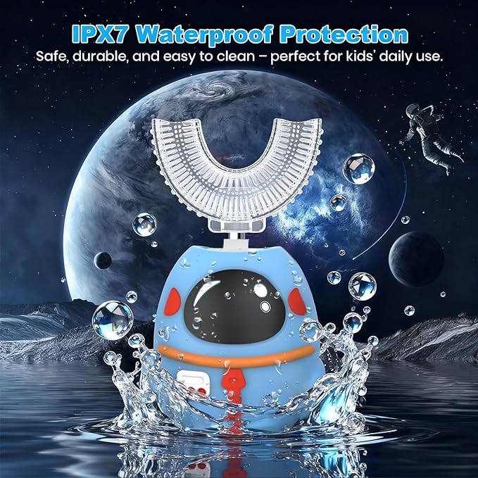 FTOYIN Kids Electric Toothbrush, U Shaped Toothbrush with 4 Brush Heads, Ultrasonic 360° Cleaning, 5 Modes, Smart 45s Timer, IPX7 Waterproof (Ages 2–12)