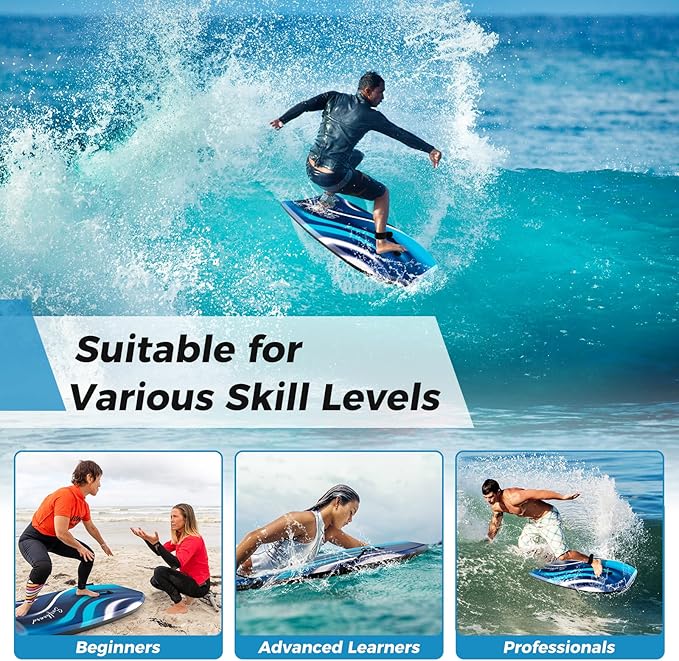 KOTEK 33/37/41 Inch Body Board with Wrist Leash, EPS Core, Dual Channel, HDPE Slick Bottom, Bodyboard for All Skill Levels & Wave Conditions