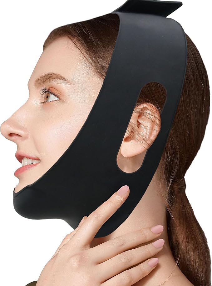 Post Surgical Silicone Chin Strap，Reusable Neck and Chin Lipo Compression Garment，Anti Snoring Chin Strap for Women & Men (Black 1PC)