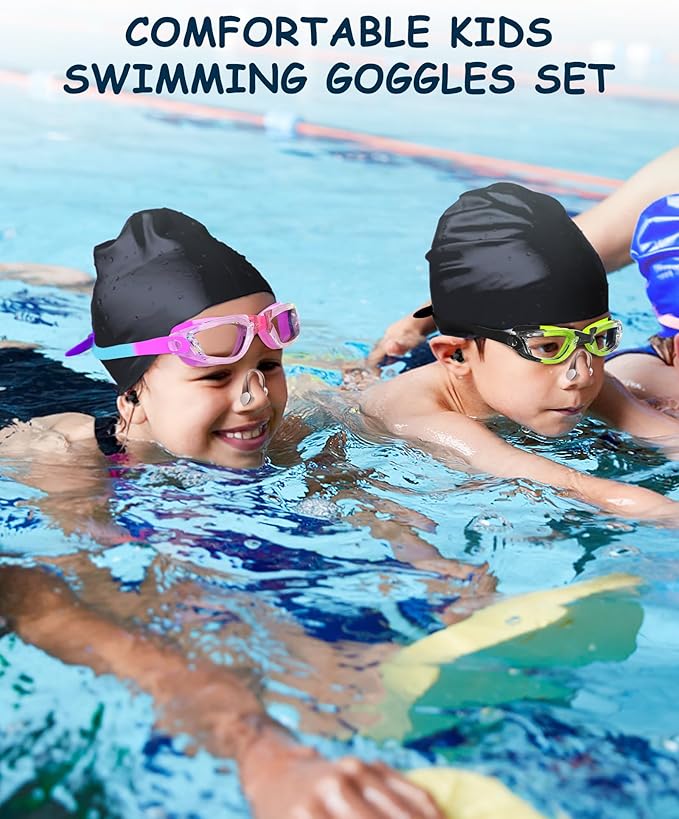 Kids Swim Goggles, Swimming Goggles for Kids Toddlers 3-14 with Swim Cap, Nose Clip, Nose Bridge, Ear Plugs