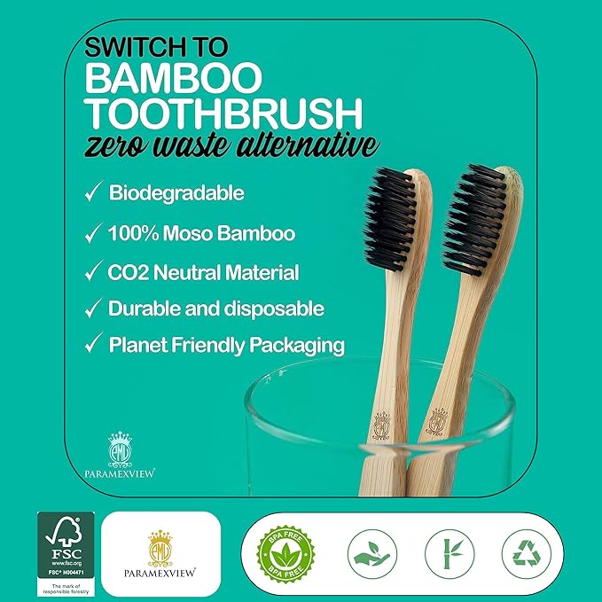 Paramexview® Natural Bamboo Toothbrushes Set of 4 | BPA-Free Medium Bristles, Eco-Friendly | Biodegradable Handle, Charcoal Infused and Organic Base