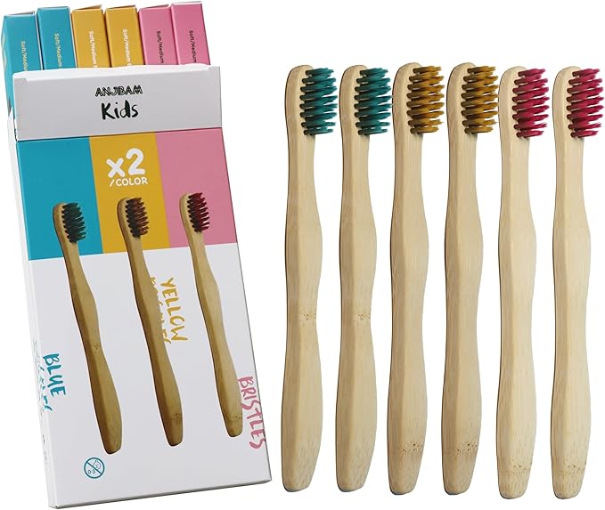 Children Bamboo Toothbrushes for 3 y+ Tots, BPA Free Bristles, Medium Soft, 6 PCS Bamboo Toothbrush for Dental Hygiene, Compostable and Sustainable, Ergonomic Wave-Shaped Handle