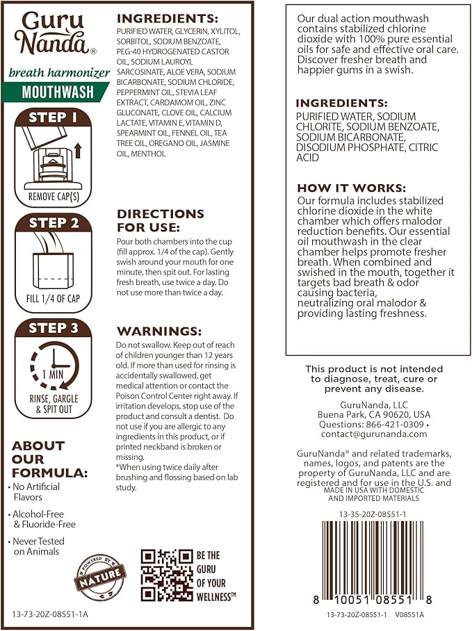 GuruNanda Dual Barrel Breath Harmonizer Mouthwash - Freshens Breath - Alcohol & Fluoride Free with Sodium Chlorite & Essential Oils - Wild Mint Flavor, 20 Fl Oz