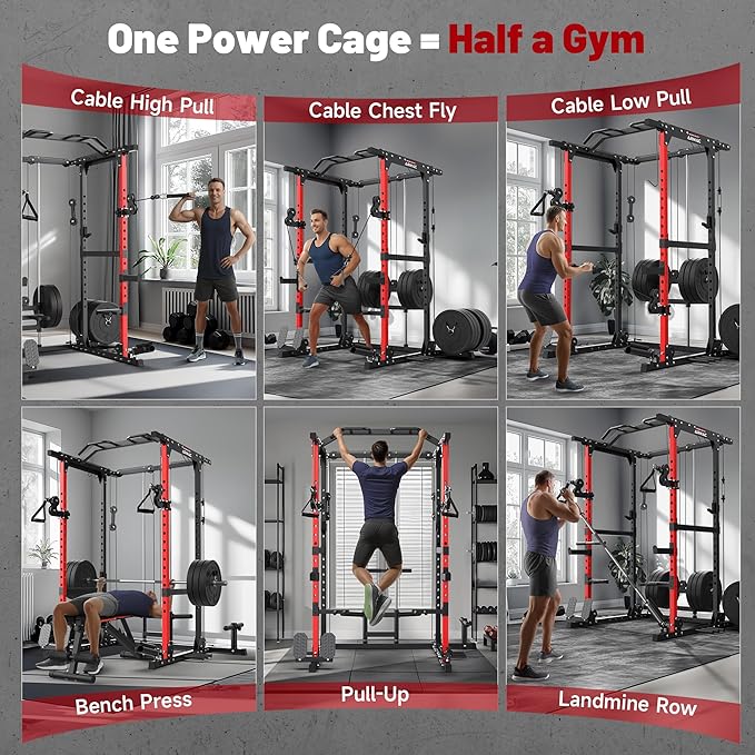 ARMAC Power Cage,1500lbs Multi-Function Power Rack with Adjustable Cable Crossover System and More Training Attachment, Weight Cage for Home Gym
