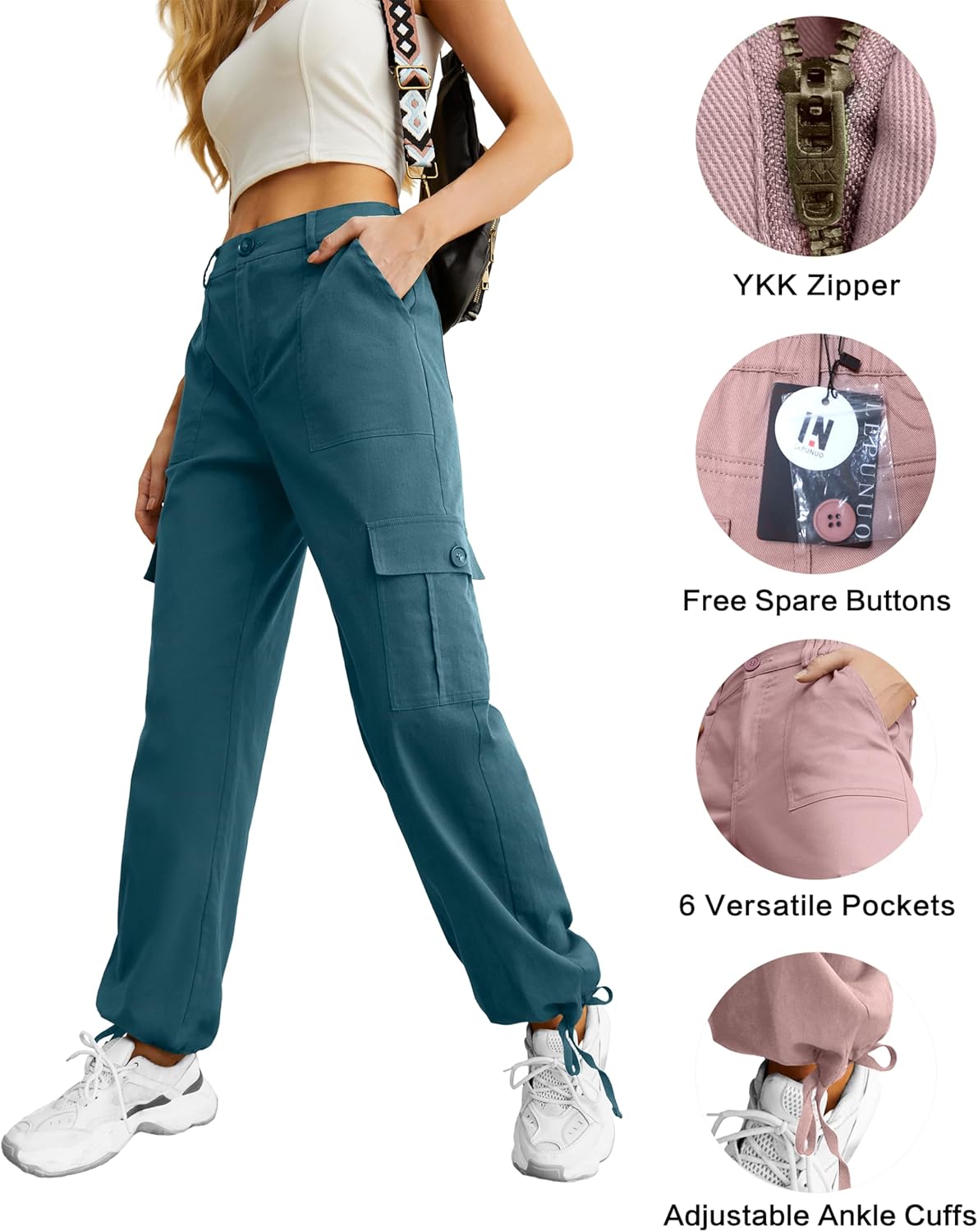 Lepunuo Women's High Waisted Cargo Pants Travel Y2K Streetwear Baggy Stretchy Pants with 6 Pockets Drawstring Ankle Cuffs
