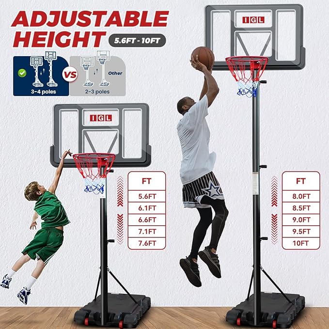 IGL Portable Basketball Hoop, 5.6-10FT Adjustable Basketball Goal System, 44 Inch Outdoor Basketball Hoop & Goals for Kids, Youth, and Adults in The Backyard, Driveway with PC Backboard