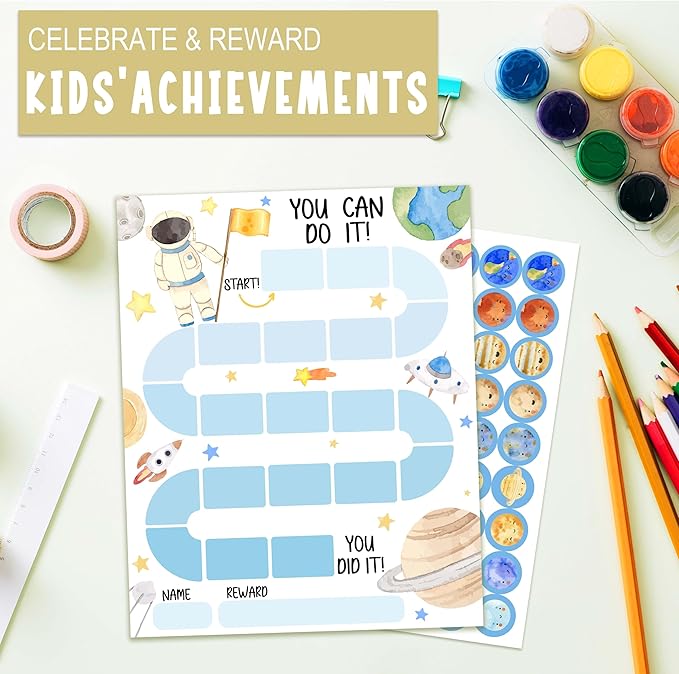 10 Outer Space Astronaut Reward Chart with 216 Round Stickers, Incentive Behavior Chart for Kids at Home Classroom, Kids Routine Daily Chore Sticker Chart-A17