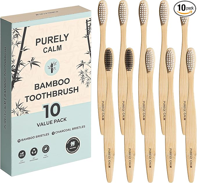 Bamboo Toothbrushes Set – 10-Pack (8 Standard + 2 Charcoal Bristle) – 2 Dental Floss as a Bonus - Eco-Friendly, Biodegradable Soft Bristle Toothbrush, Wooden Toothbrush for Adults & Kids