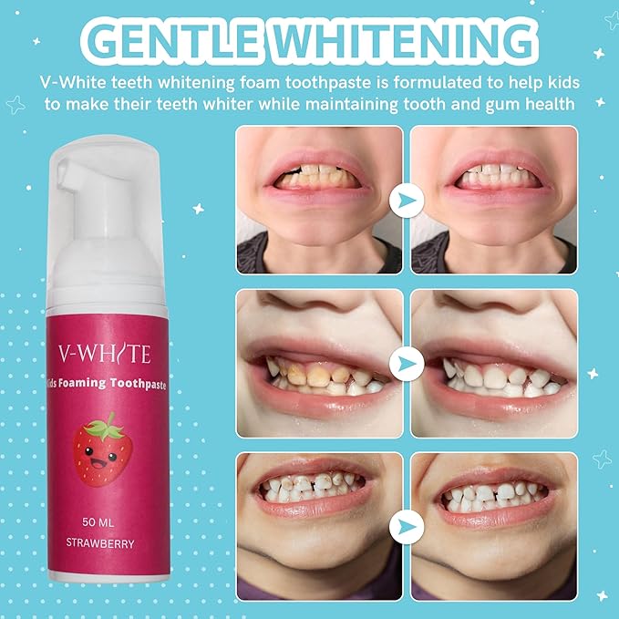 V-White Foam Teeth Whitening Toothpaste - Organic Toothpaste Fluoride Free, Alcohol Free, pH Balanced - Deep Cleansing, Stain Removal, Travel Friendly, for Kids & Adults (Large, Strawberry)