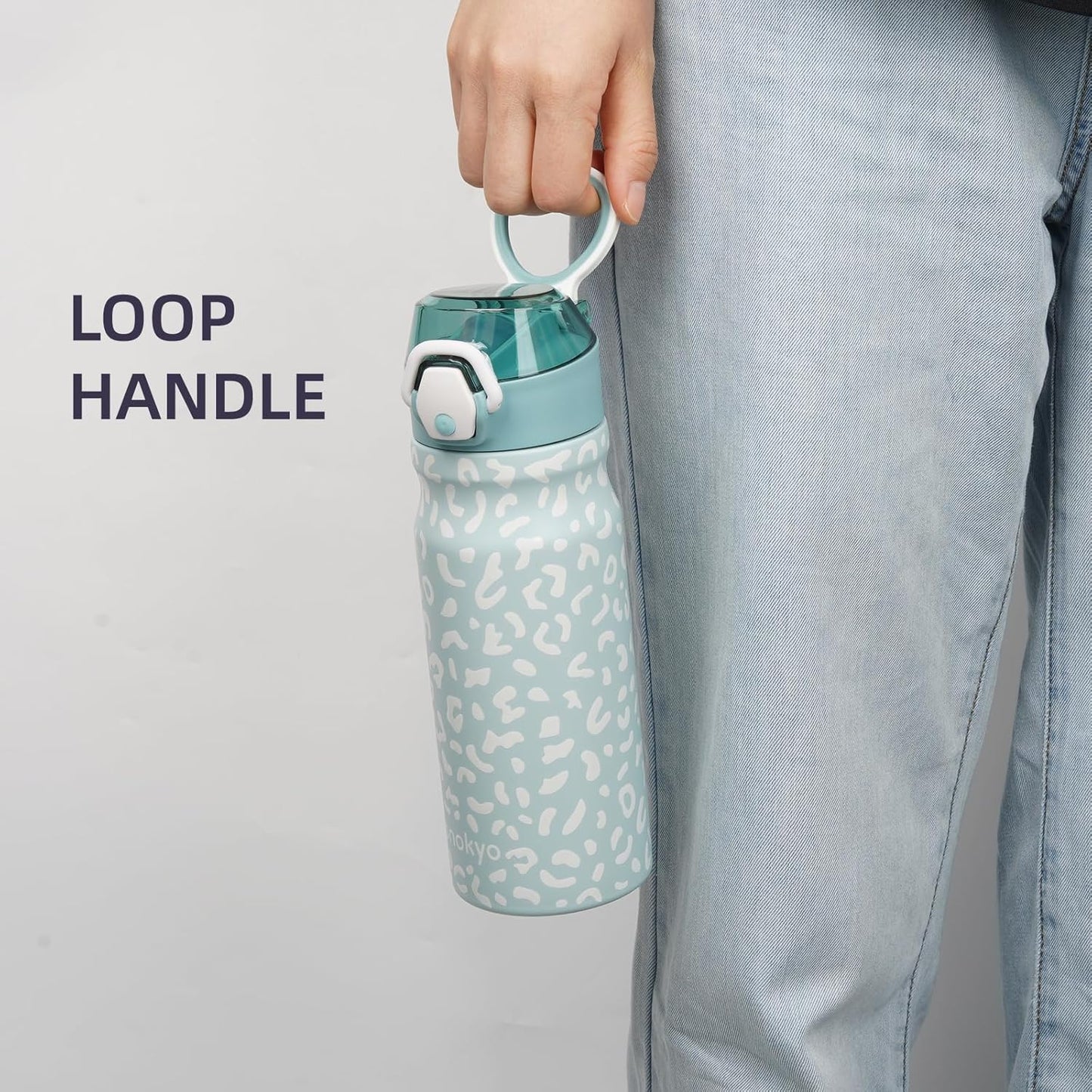 Insulated Water Bottle with Straw and Carry Loop,18 oz Stainless Steel Double Wall Vaccum Metal Water Flask with Leak-proof Lid,Light Blue Leopard