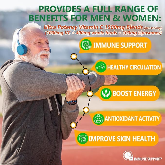 Liposomal Vitamin C 1000mg Gummies for Adults - Vitamin C Chewable 1500mg with 8mg Iron, Zinc & Elderberry - Immune Support, Immune Booster Supplement - for Energy, Collagen Booster, 1Pack Sugar Free