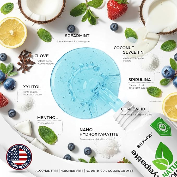 Nano-Hydroxyapatite Natural Whitening Mouthwash with Xylitol – Fluoride-Free, Alcohol-Free, Antiseptic Oral Rinse for Fresh Breath & Enamel Protection – Gentle for Sensitive Teeth